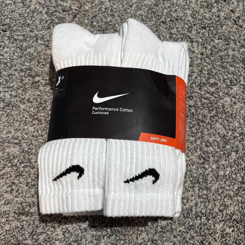 Nike Crew Socks Mens Large 6 Pack Performance Cotton White Ribbed NWT